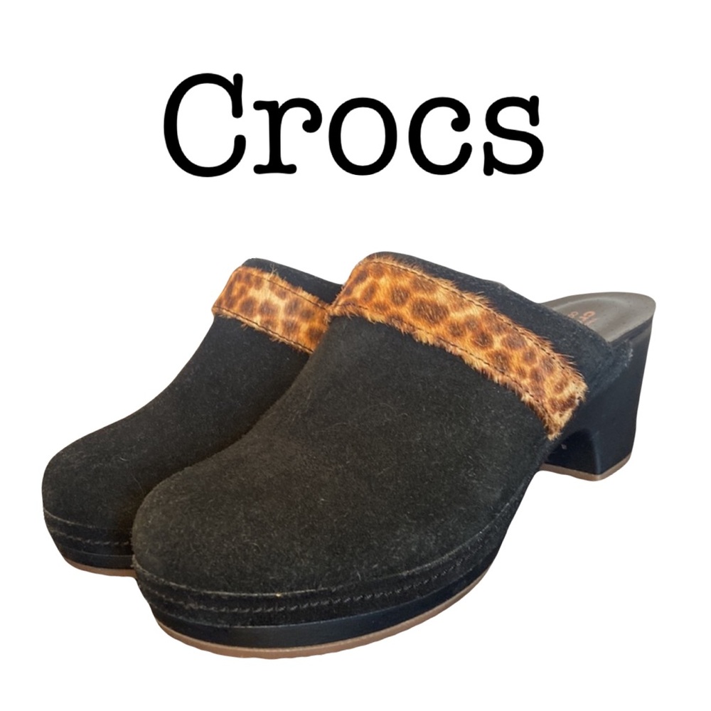 Crocs Sarah Black Suede Cheetah Clog Size 6